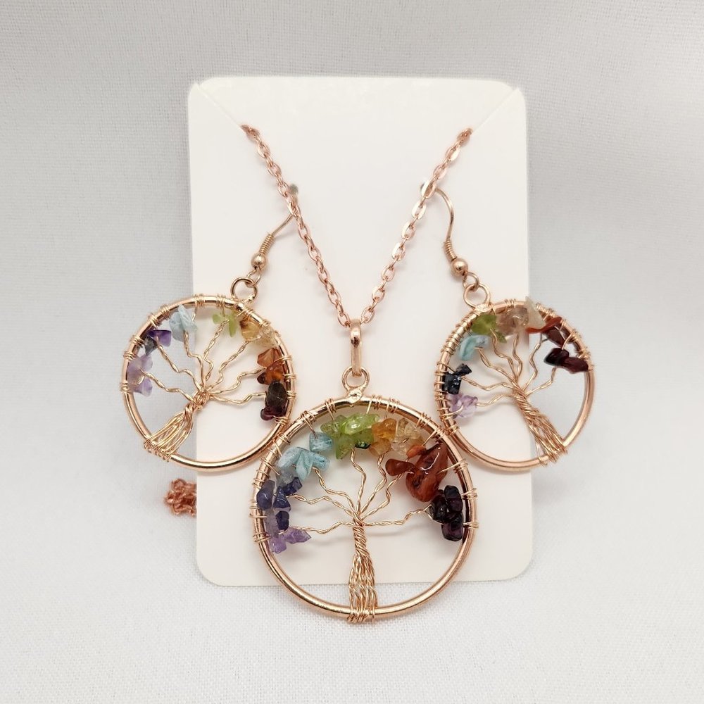 Tree Of Life Genuine Gemstones Pendant Necklace And Earrings #612 NWOT - Picture 11 of 11